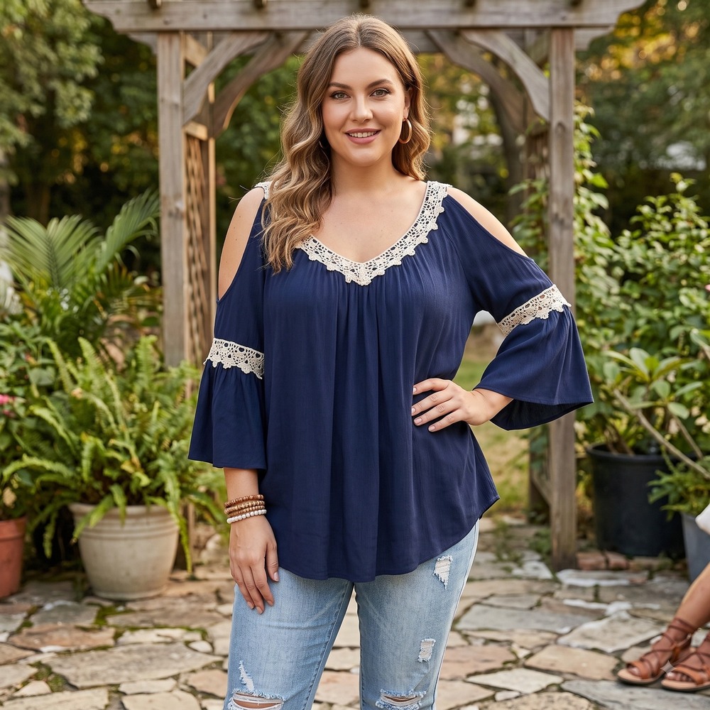 Navy Blue Cold Shoulder Boho Top Crochet Lace Trim V-Neck Bell Sleeve Large